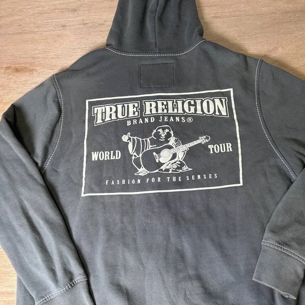True Religion Mens Charcoal Gray Big T Stitch Buddha World Tour Zip Hoodie 2XL